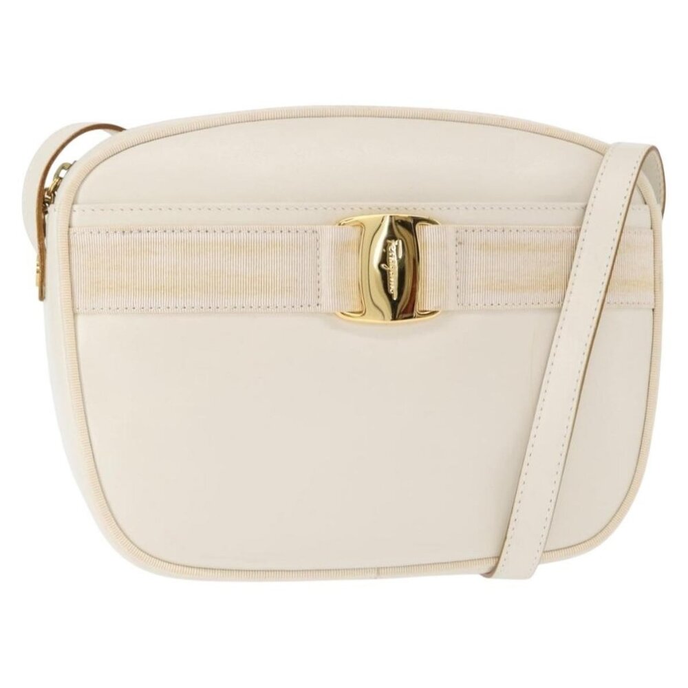 Authentic Salvatore Ferragamo Gancini Shoulder Bag Leather White Gold